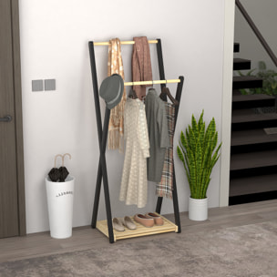 Portant à vêtements design contemporain - 2 barres, étagère - bois de pin naturel noir