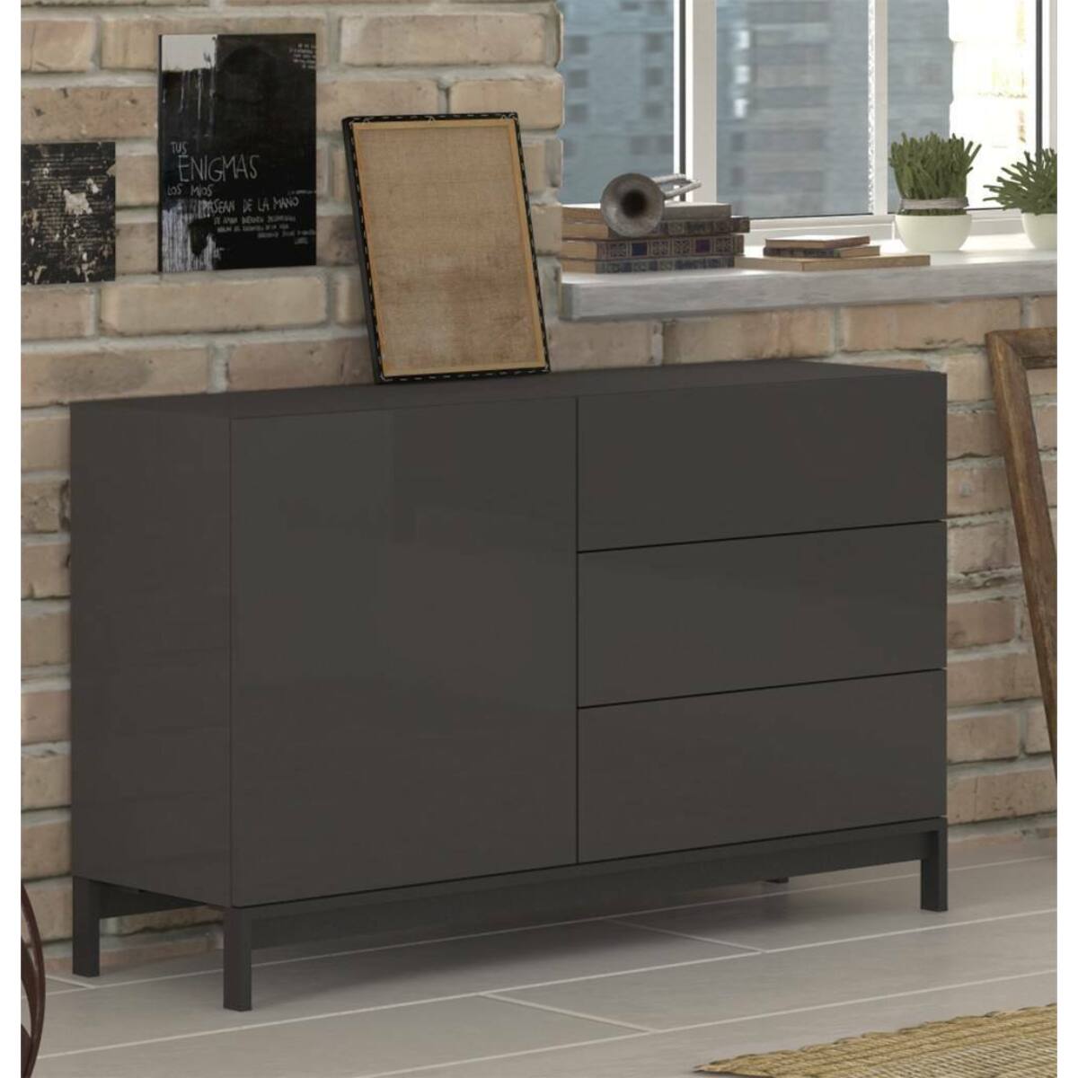 Credenza moderna a 1 anta e 3 cassetti, Made in Italy, Madia da cucina, Buffet di design da soggiorno, con piedini, cm 110x40h47, colore Antracite lucido