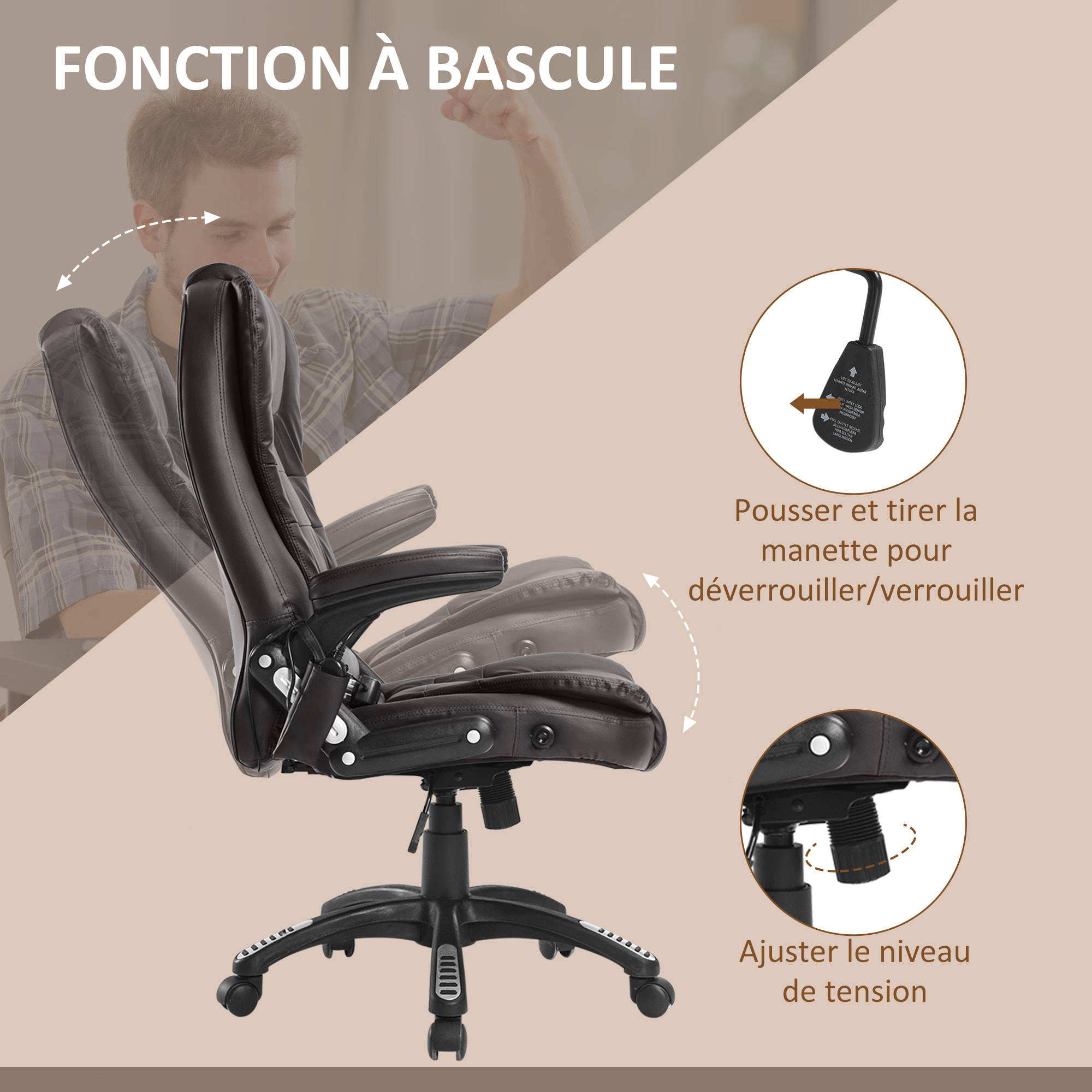 Fauteuil de bureau direction pivotant massant chauffant électrique revêtement synthétique chocolat