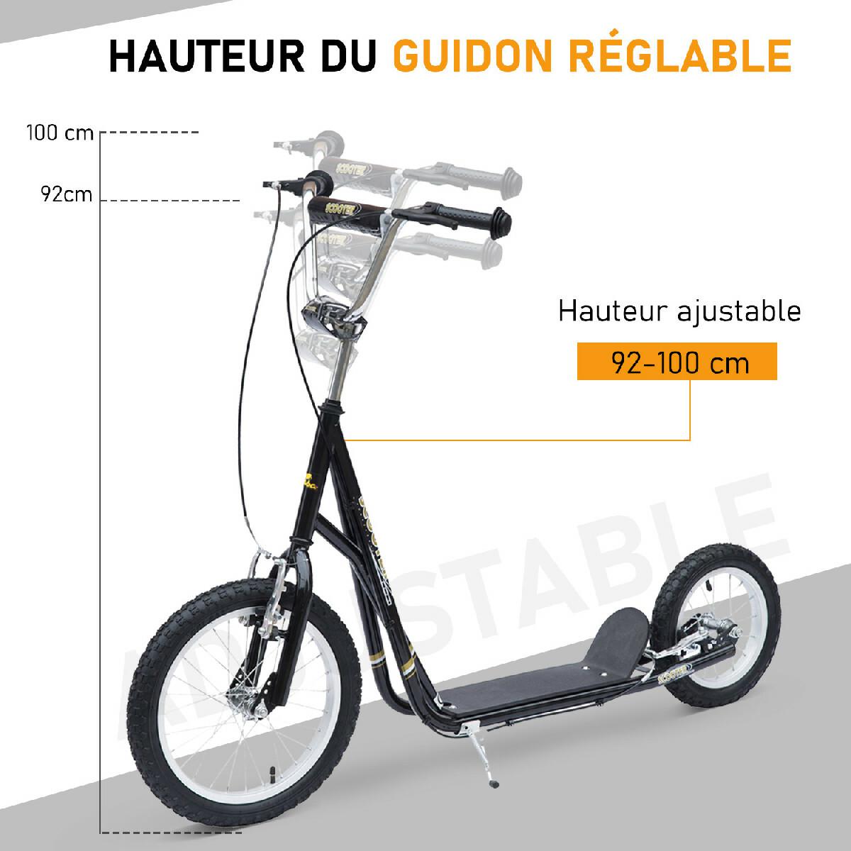 Trottinette patinette pour enfants à partir de 5 ans grands pneus guidon réglable poignée frein et béquille acier noir