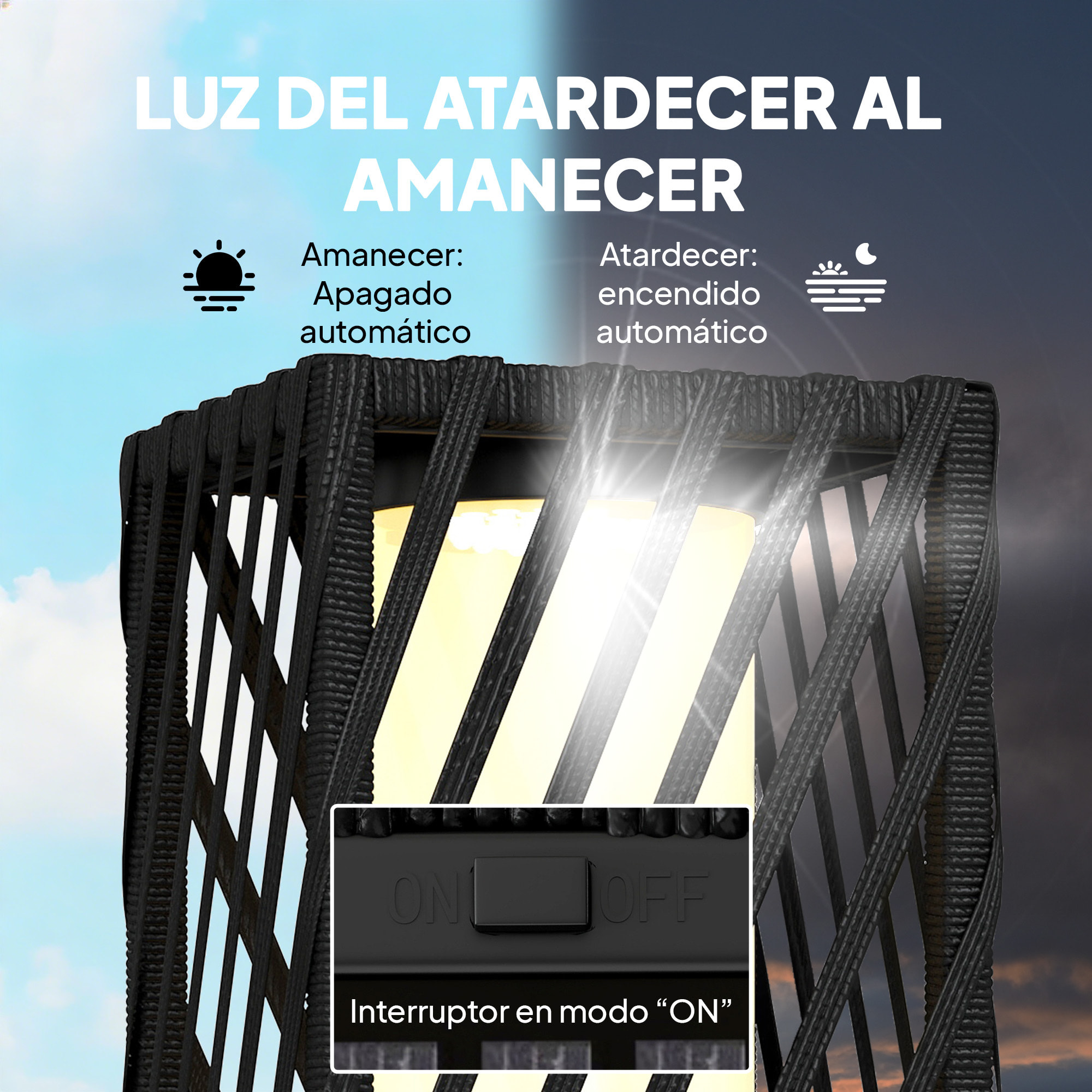 Linterna de Jardín de Ratán, Farola Solar Exterior con Luces LED Encendido y Apagado Automático, Impermeable, IP44, Lámpara de pie para Terraza, Balcón, Patio, 16x16x68 cm, Negro