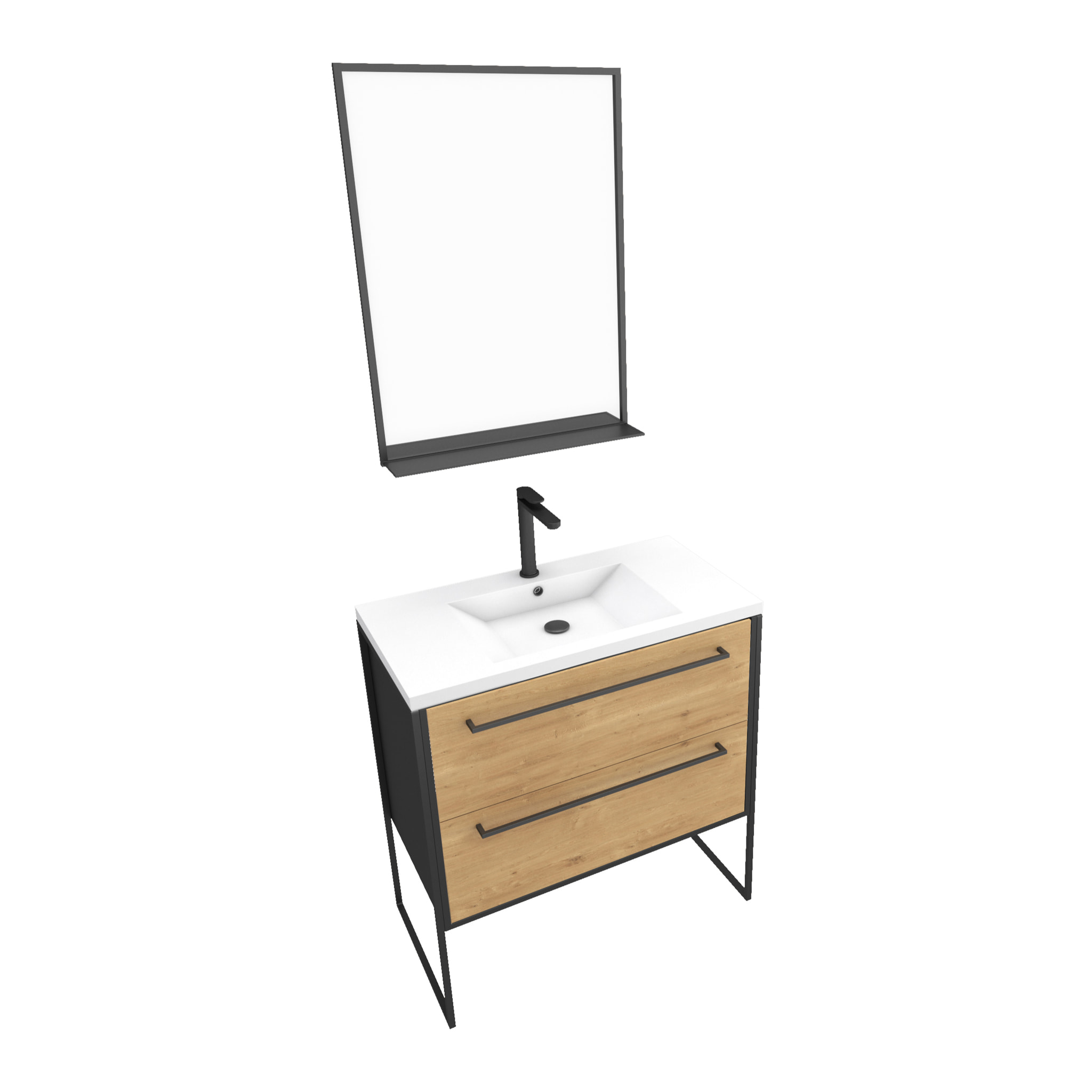 Meuble Salle de Bains 80cm Tiroirs Finition Chêne et Noir - Vasque Blanche - miroir - STRUCTURA