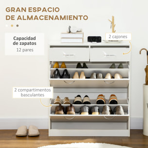 Armario de Zapatos Mueble Zapatero Estrecho con 2 Cajones Abatibles y 2 Cajones Extraíbles para 12 Pares de Zapatos para Salón Entrada Pasillo 80x30x91,5 cm Blanco