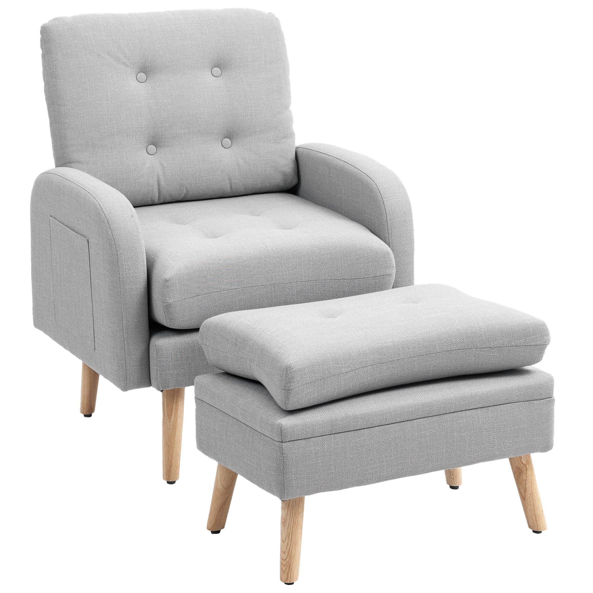 Fauteuil et repose-pieds design nordique grand confort piètement bois tissu effet lin aspect capitonné gris clair