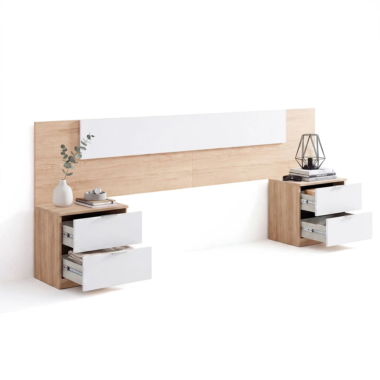 Cabecero para cama de 135-150 cm y 2 mesitas con cajones en roble canadian y blanco artik Akari Roble Canadian - Blanco Artik (Blanco Mate)
