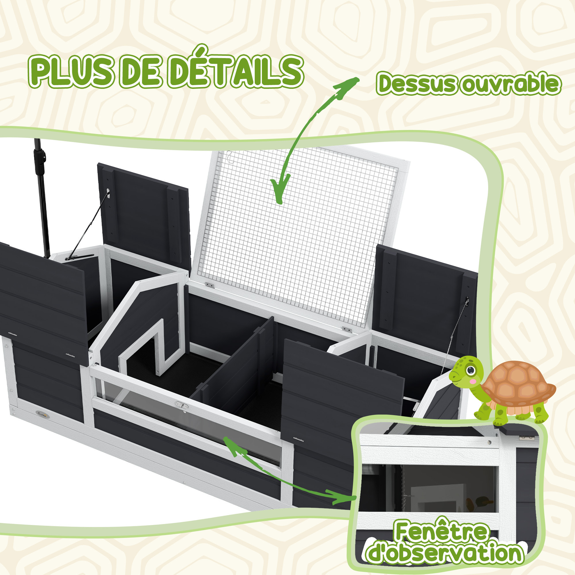 Maison tortue terrestre extérieure - enclos tortue 2 niches, support lampe réglable, toit ouvrable - acrylique bois gris