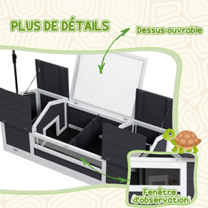 Maison tortue terrestre extérieure - enclos tortue 2 niches, support lampe réglable, toit ouvrable - acrylique bois gris