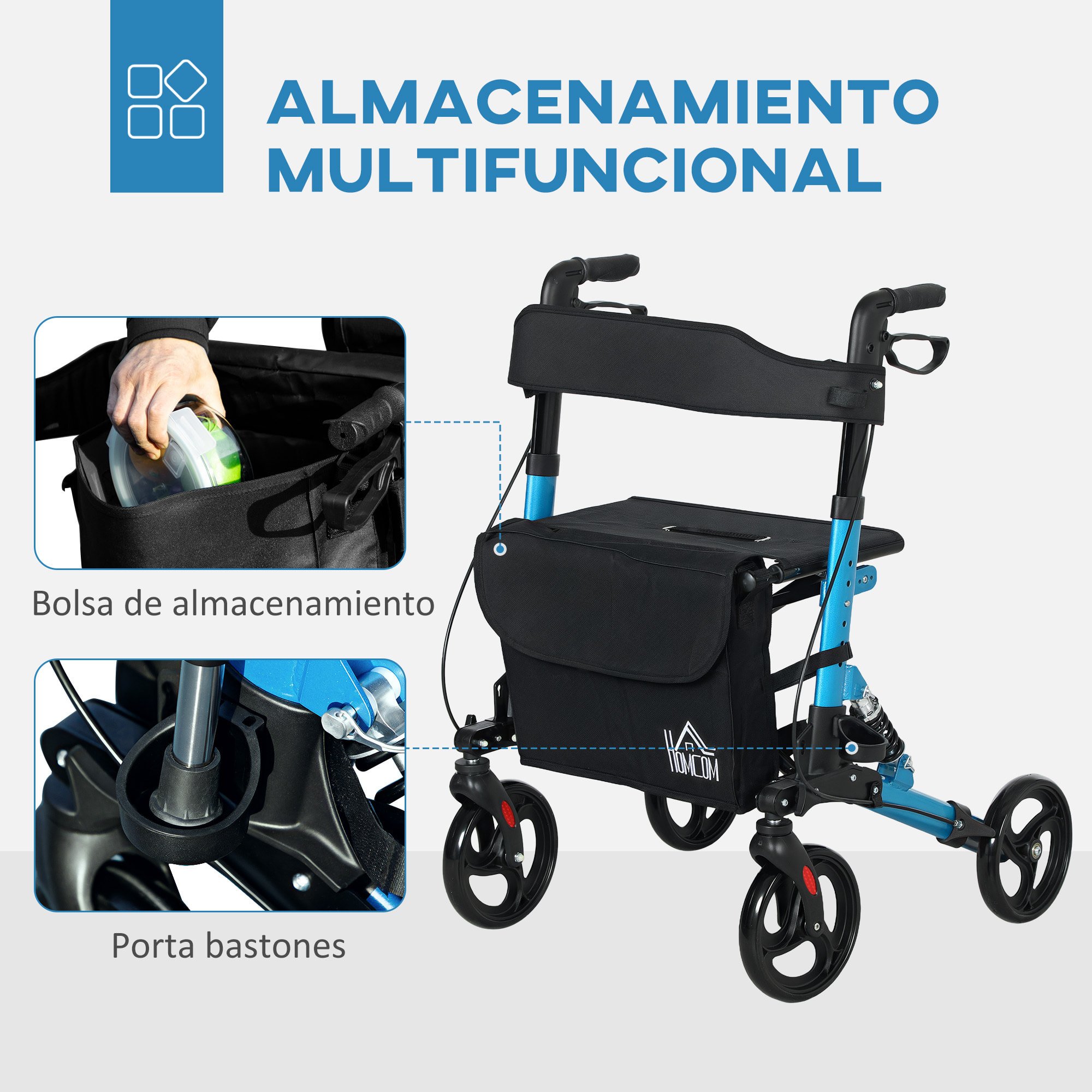 Andador para Ancianos Plegable de Aluminio Andador para Personas Mayores con Asiento y 4 Ruedas Andador con Altura Ajustable Frenos de Maneta y Bolsa de Transporte Azul y Negro