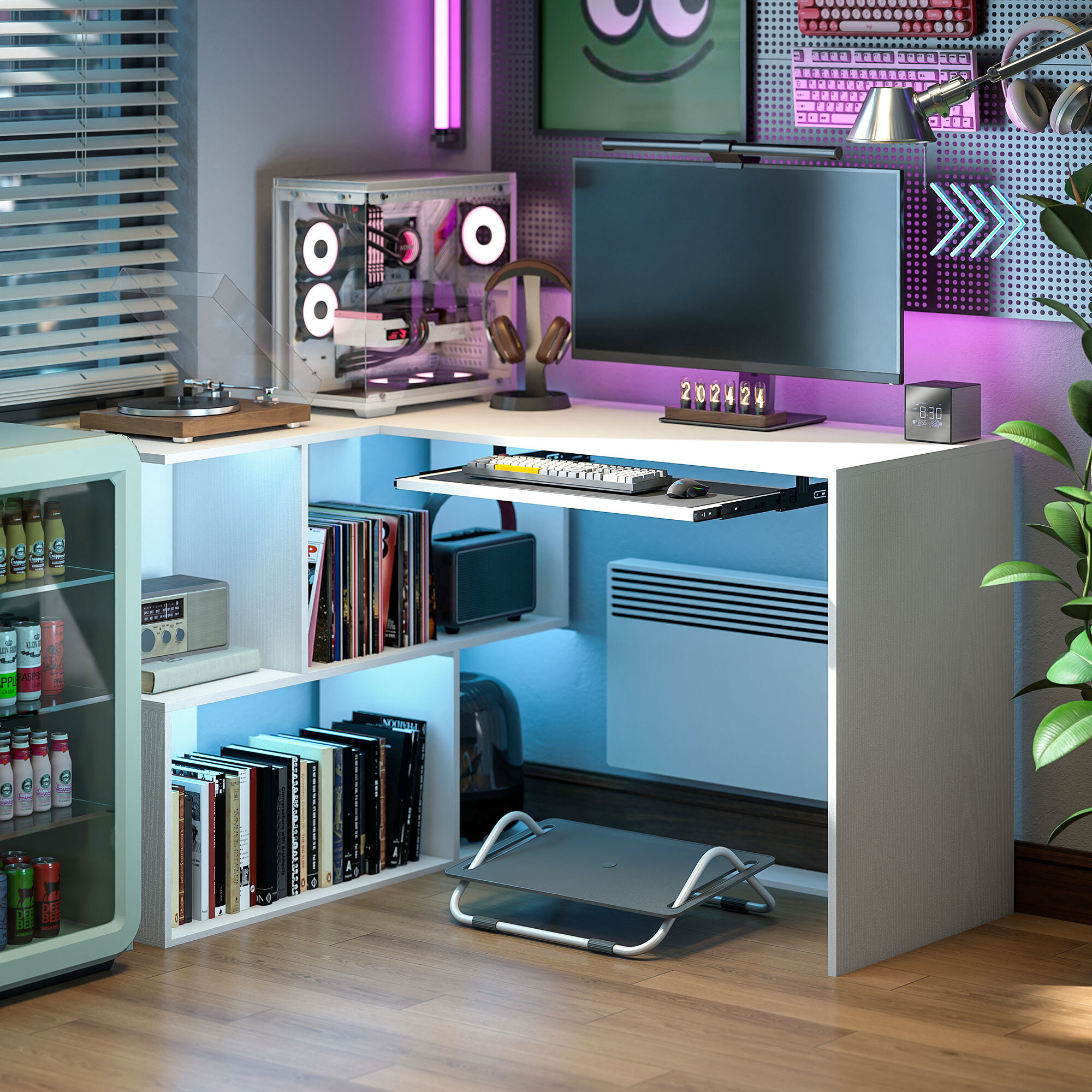 Bureau informatique - bureau d'angle 120 x 100 cm - tablette coulissante clavier, 4 niches - effet bois blanc