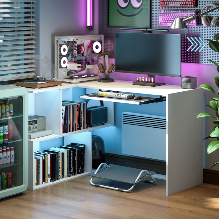 Bureau informatique - bureau d'angle 120 x 100 cm - tablette coulissante clavier, 4 niches - effet bois blanc