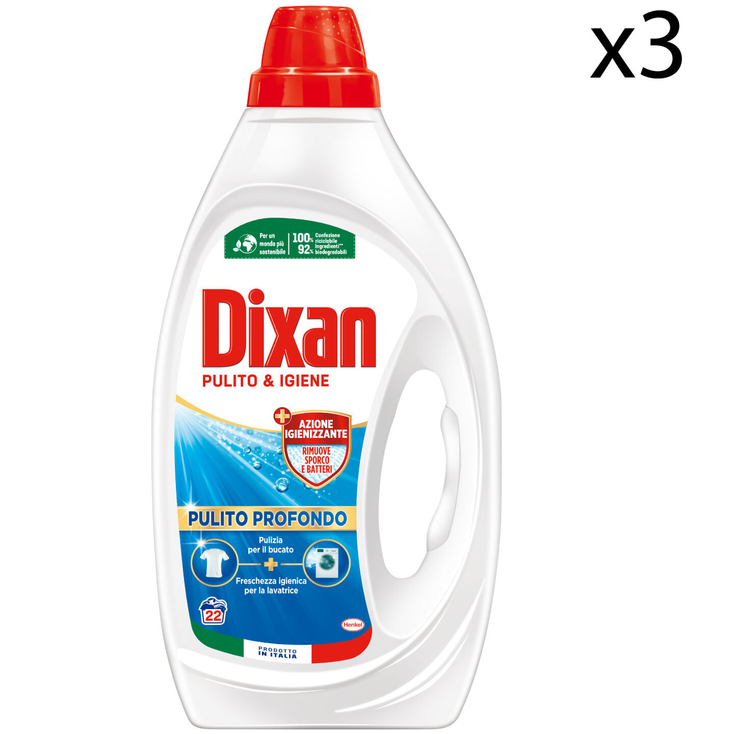 3x Dixan Pulito e Igiene Detersivo Liquido per Lavatrice Azione Igienizzante Pulito Profondo 22 Lavaggi - 3 Flaconi da 1,1 Litri