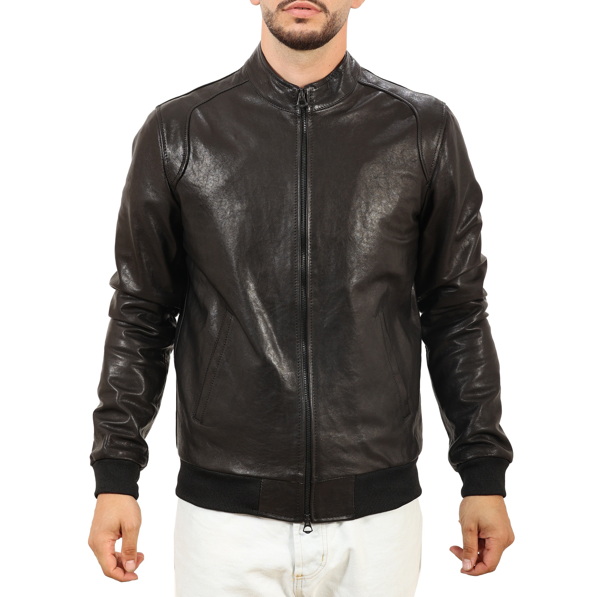 Giubbino in vera pelle di vitello Nero-Slim Fit