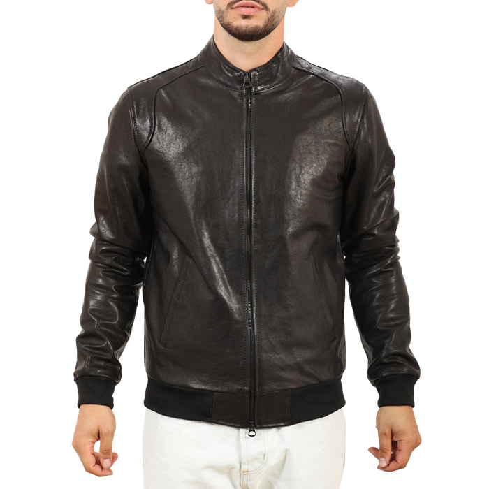 Giubbino in vera pelle di vitello Nero-Slim Fit