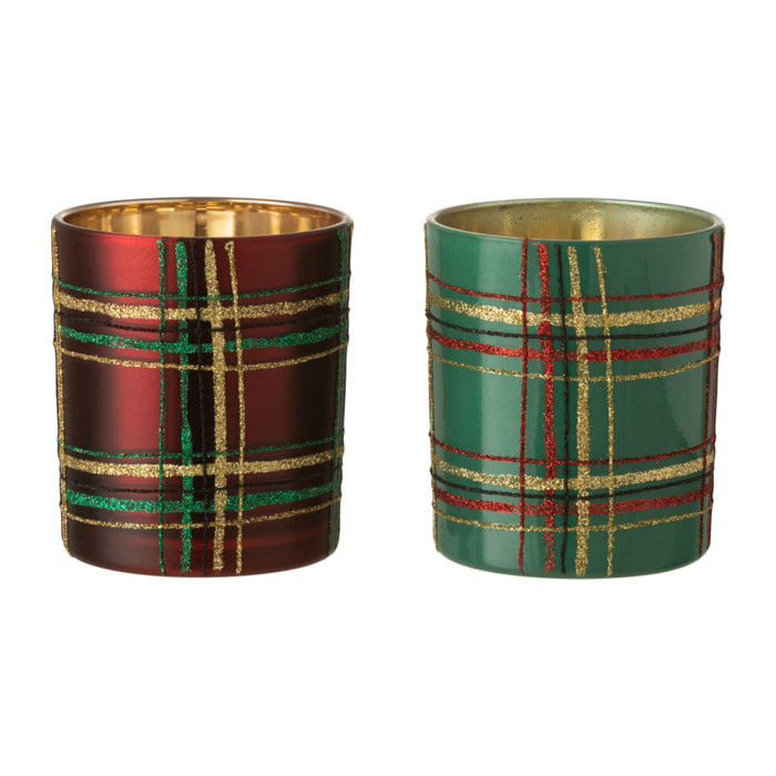 J-Line bougeoir Quadrillé - verre - rouge/vert - large - 2 pièces