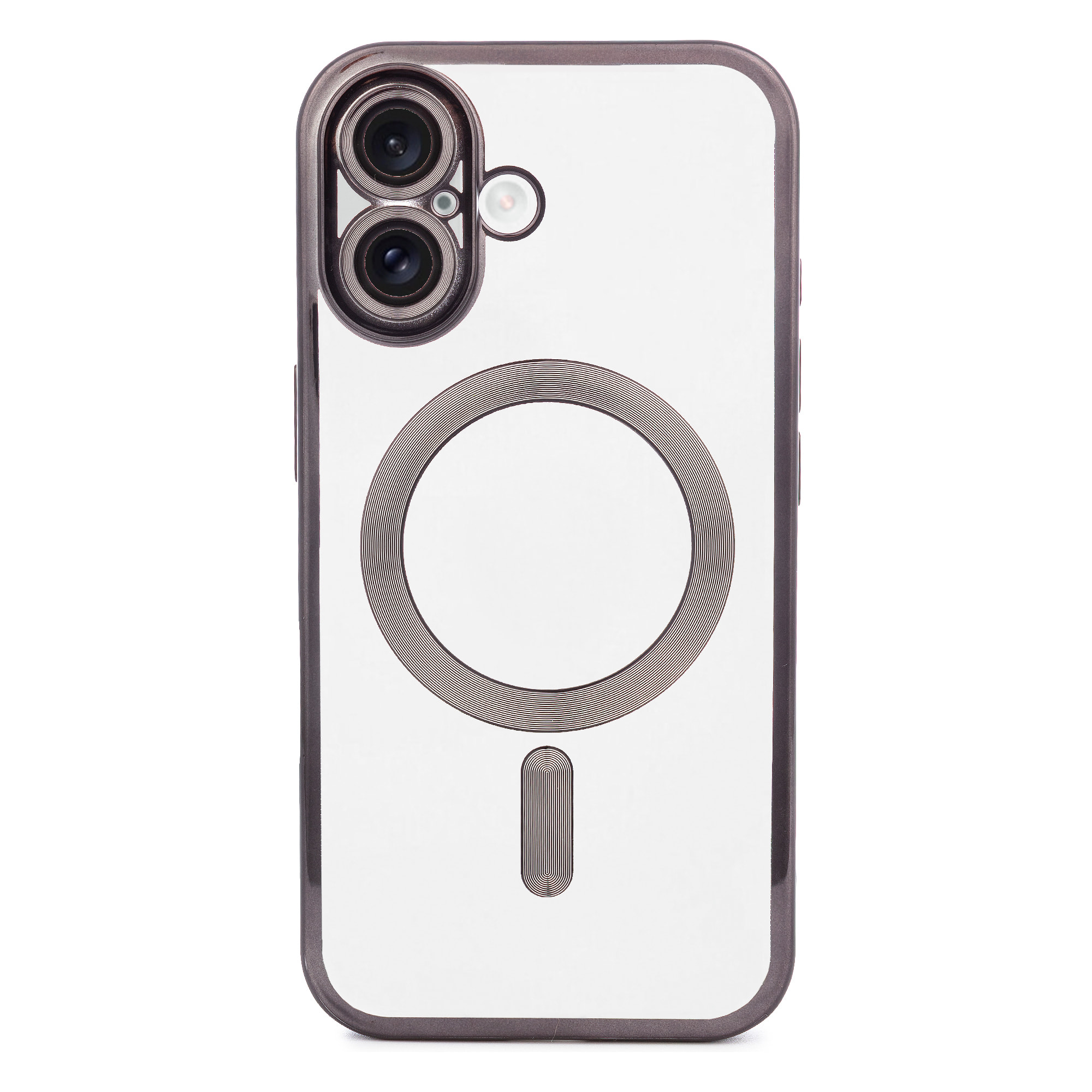 Carcasa transparente con cámara cubierta, bordes negros, antichoque y antihuellas. Magsafe para iPhone 16.