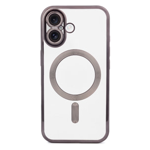 Carcasa transparente con cámara cubierta, bordes negros, antichoque y antihuellas. Magsafe para iPhone 16.