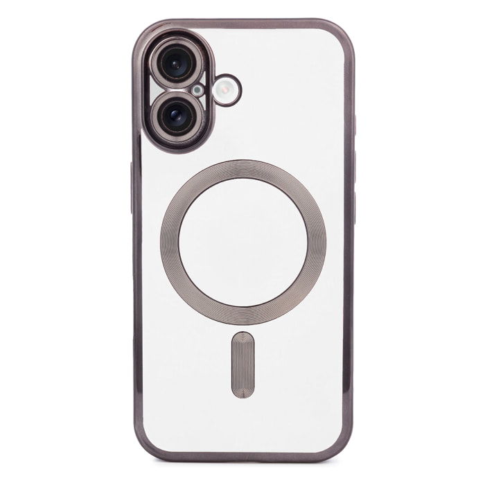 Carcasa transparente con cámara cubierta, bordes negros, antichoque y antihuellas. Magsafe para iPhone 16.