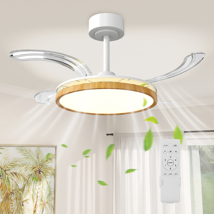 Ventilador de Techo con Luz LED, 80 W, Motor DC Reversible, Lámpara Ventilador Techo Silenciosa, Mando a Distancia, 6 Velocidades, 3 Colores, Temporizador, para Salón, Ø95 cm, Natural