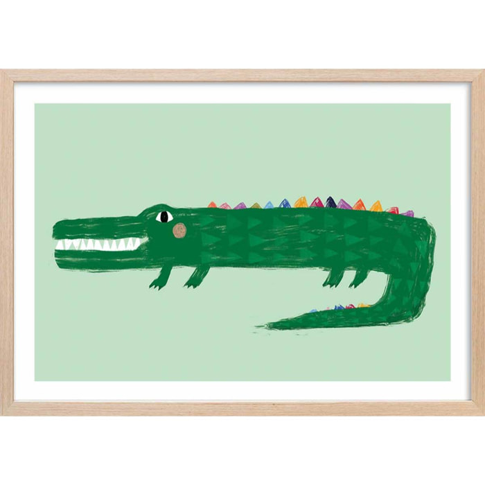 Affiche enfant crocodile vert  Affiche + cadre en bois - Chêne