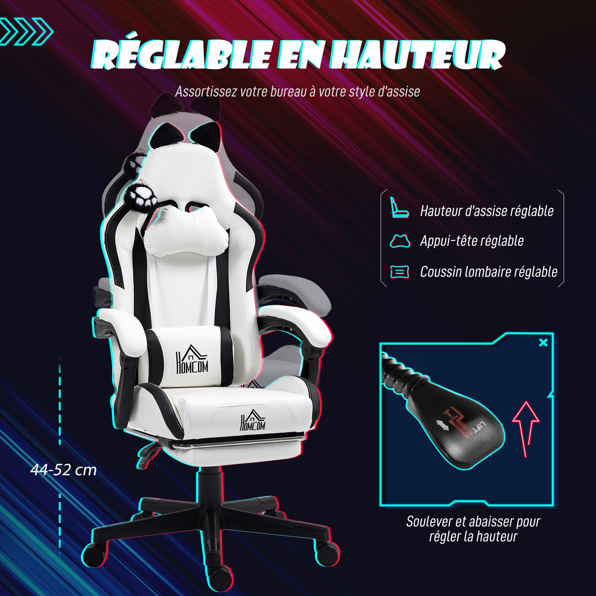 Chaise gaming design oreilles et patte de chat - inclinable, repose-pieds rétractable - blanc noir