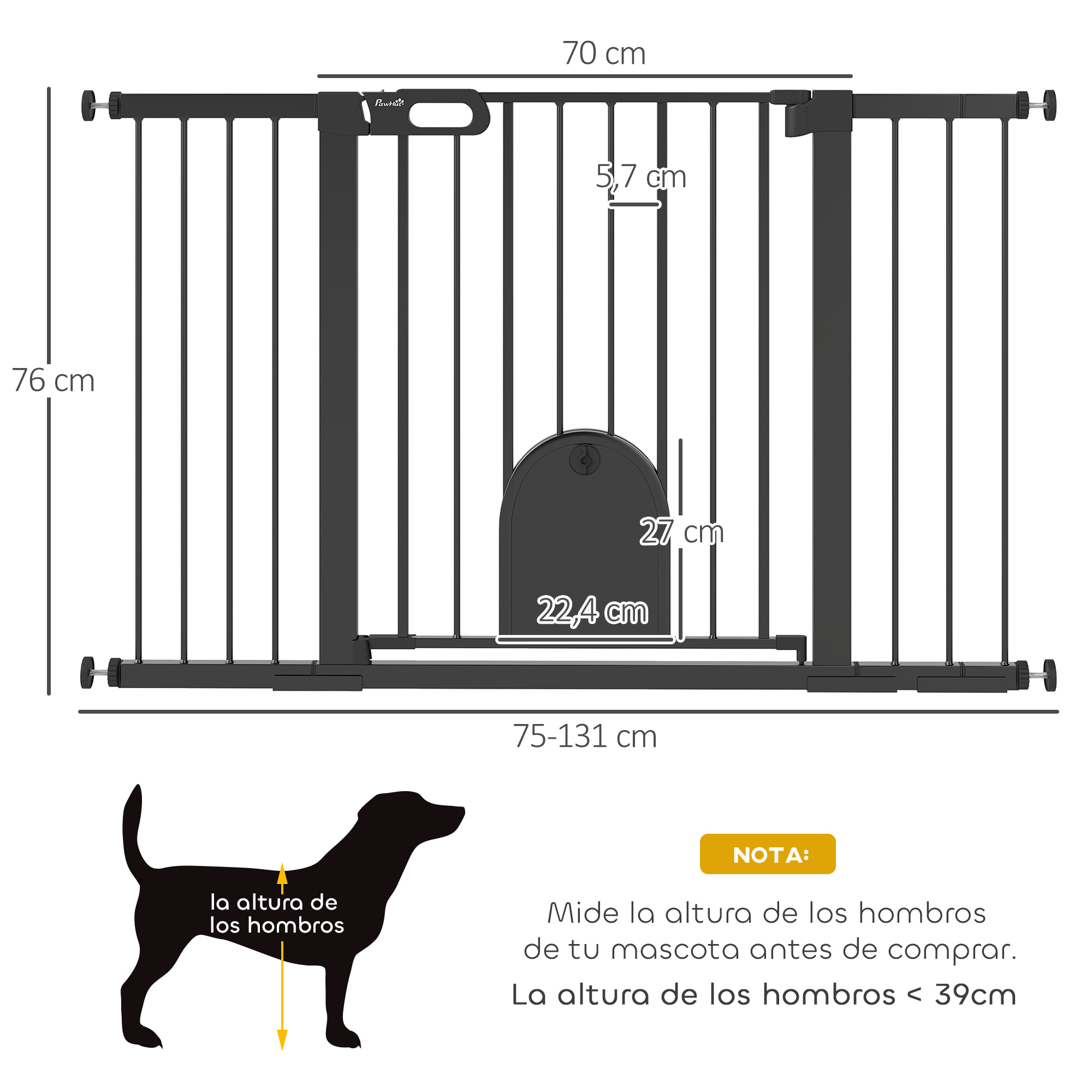 Barrera de Seguridad para Perros Extensible 75-131 cm, para Puertas y Escaleras, Barrera para Perros con Puerta Pequeña, 3 Extensiones, Montaje a Presión y Doble Bloqueo, Negro