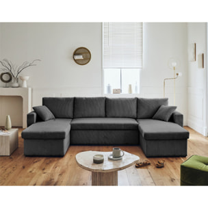 Cyrus - canapé panoramique en U - 7 places - convertible avec coffre - en velours côtelé - Gris foncé