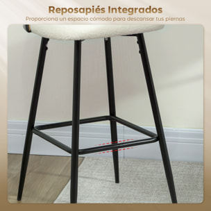 Juego de 2 Taburetes de Bar, Taburetes Altos de Cocina con Respaldo de Ratán, Asiento Tapizado en Borreguito, Marco de Acero y Reposapiés para Comedor, Mostrador, Blanco Crema