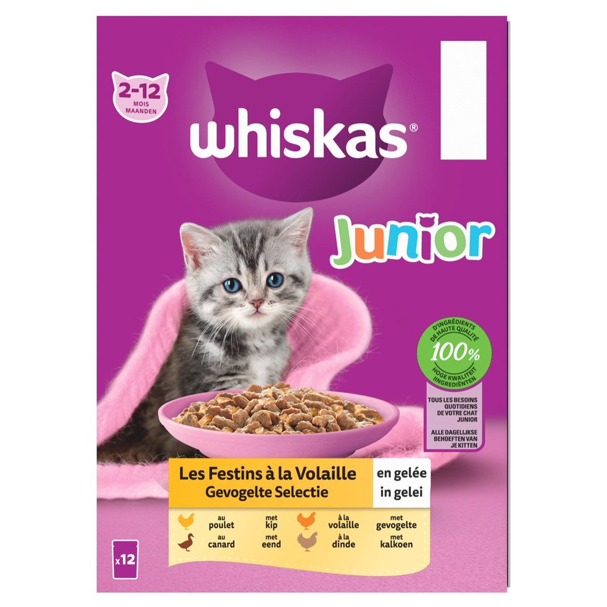 WHISKAS JUNIOR 72 Sachets fraîcheur en gelée 4 variétés pour chaton 85g (6x12)