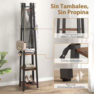 Perchero de Pie de 4 Niveles, con 4 Estantes, 8 Ganchos, Perchero de Entrada Recibidor con Estructura Metálica, para Colgar Ropa, Sombrero, en Pasillo, Sala de Estar, Dormitorio, Marrón Rústico