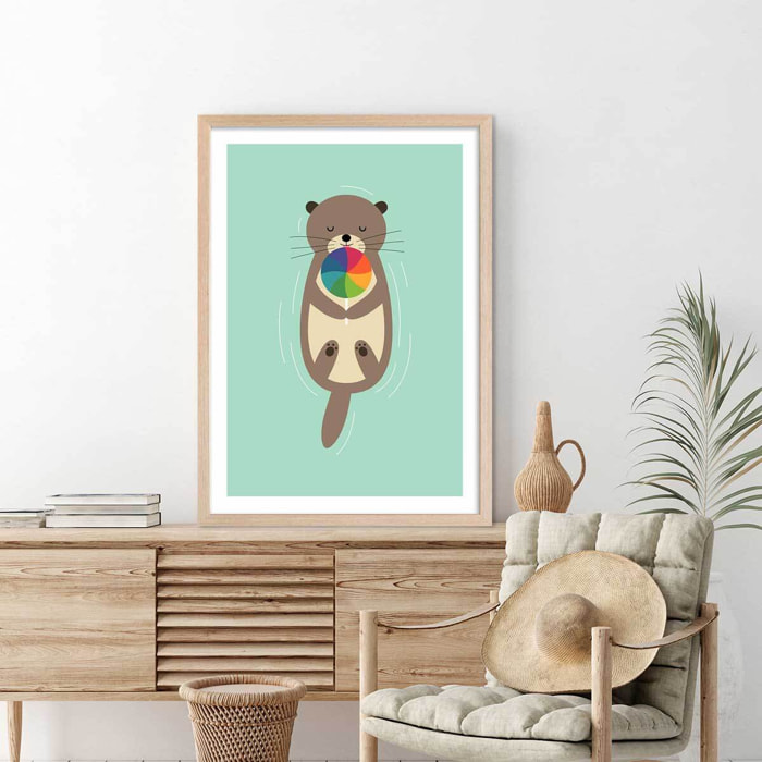 Affiche  loutre en baignade Affiche + cadre en bois - Chêne