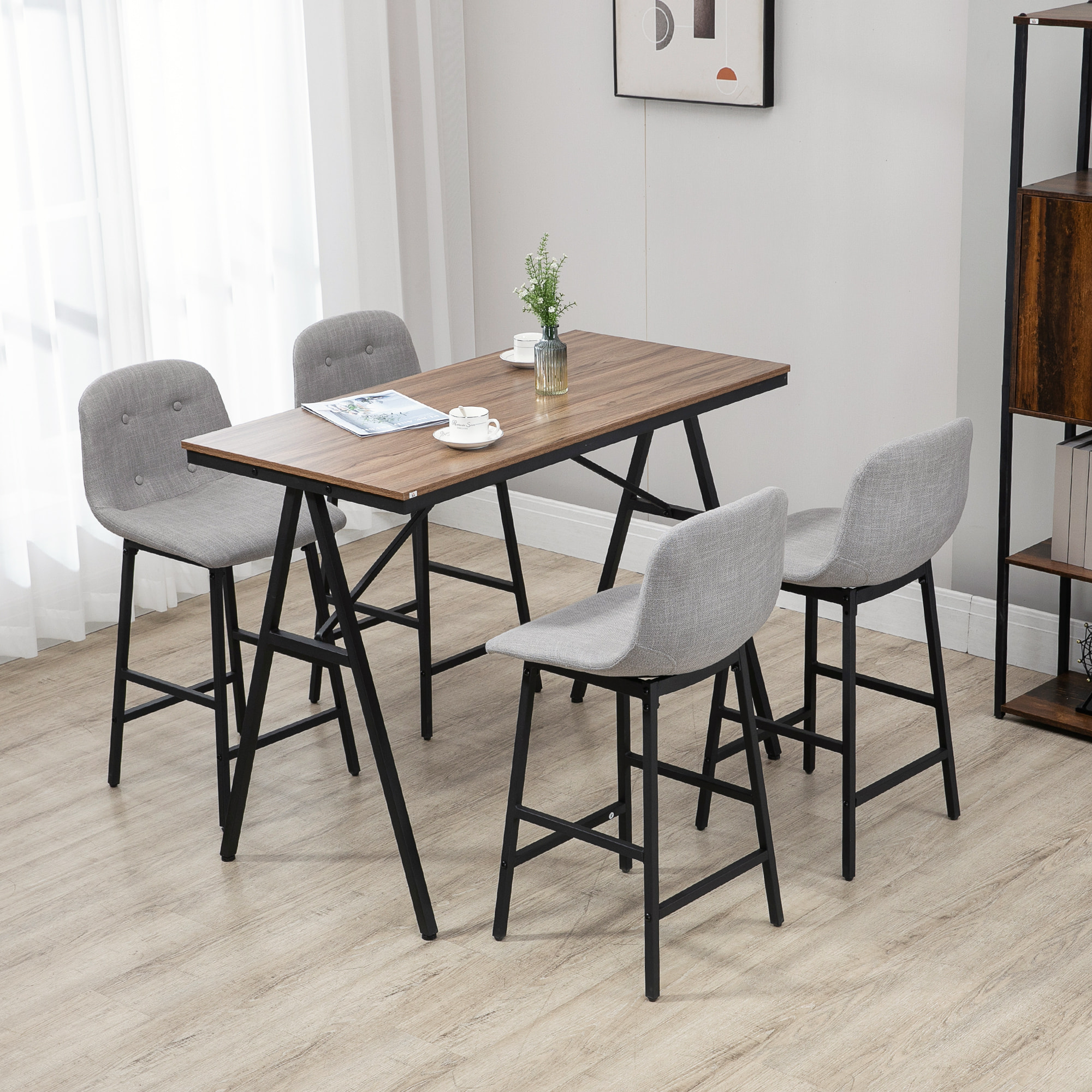 Ensemble table de bar 4 chaises de bar style industriel piètement acier noir plateau effet bois noyer tissu gris clair
