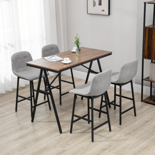 Ensemble table de bar 4 chaises de bar style industriel piètement acier noir plateau effet bois noyer tissu gris clair