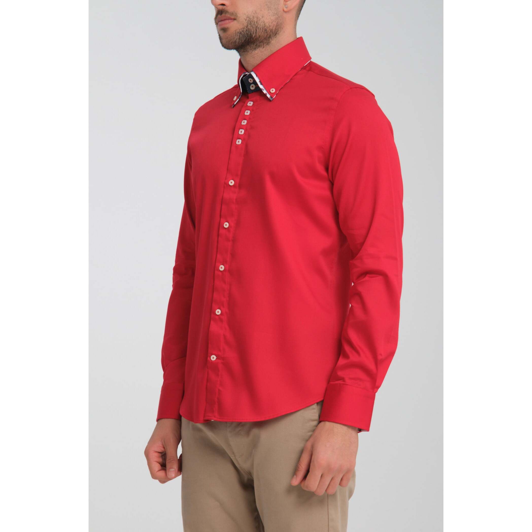 Camicia Uomo 2 Bottoni Button Down 7bottoni Doppio Coll Satin Unito Rosso