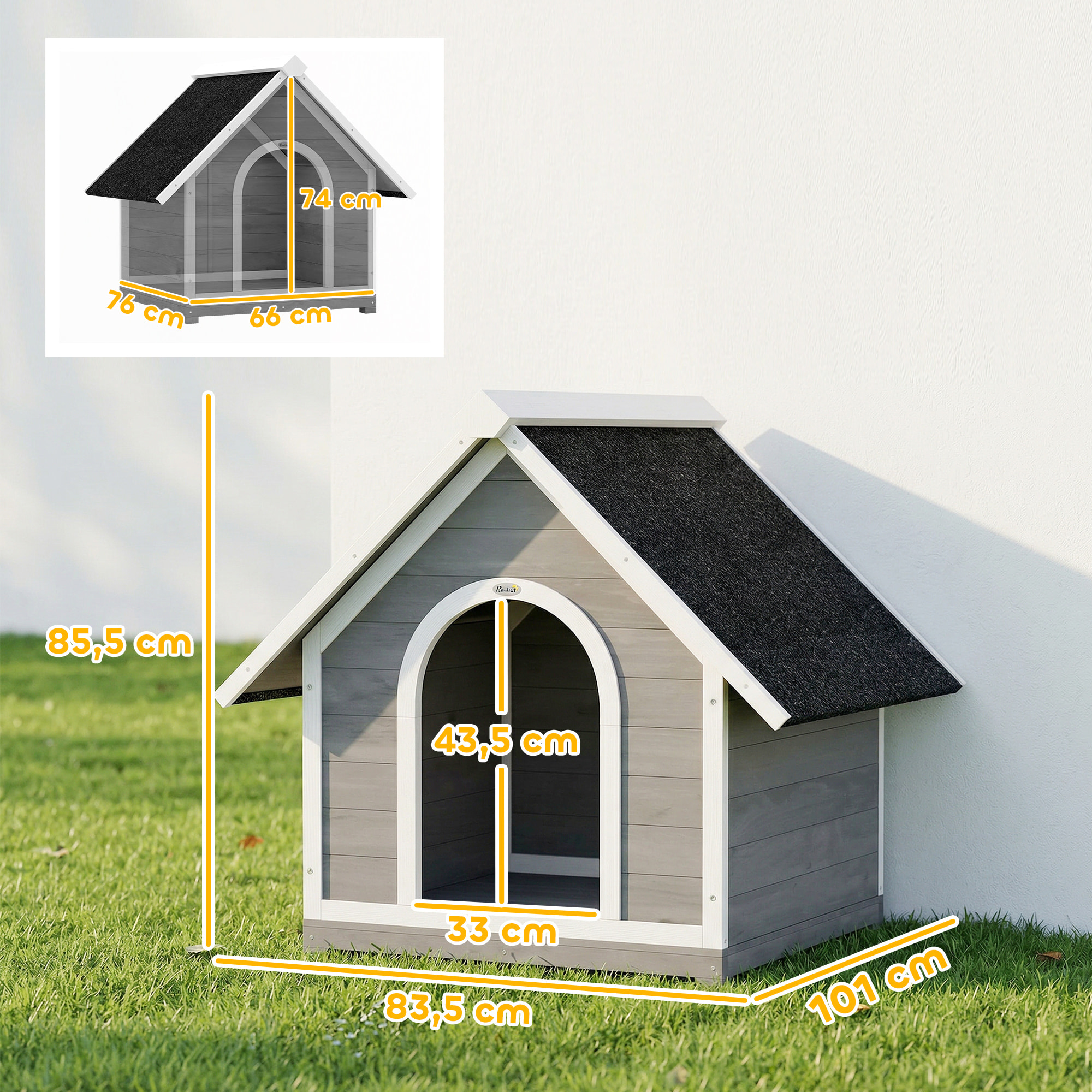Niche pour chien bois gris blanc toit bitumé dim. 101x83x85cm