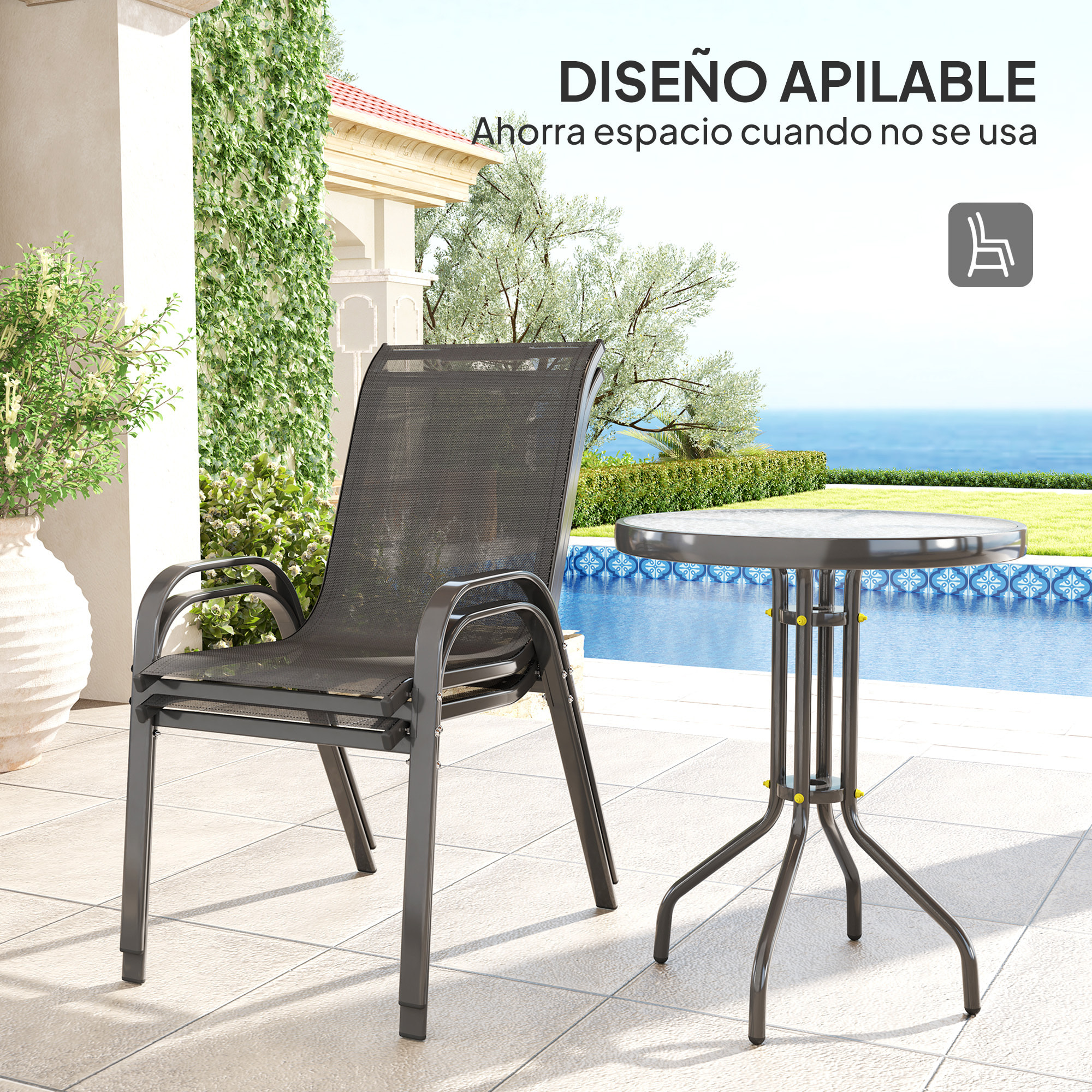 Conjunto de Mesa y Sillas de Terraza Exterior de 3 Piezas Muebles de Jardín Exterior con Sillas Apilables Encimera de Vidrio y Estructura de Acero para Patio Negro