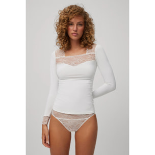 T-shirt a maniche lunghe con dettagli in pizzo avorio