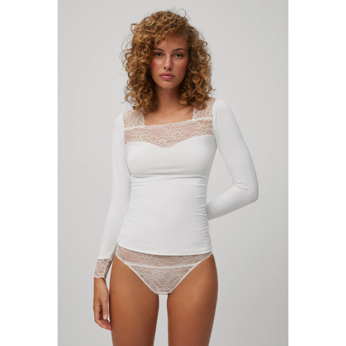 T-shirt a maniche lunghe con dettagli in pizzo avorio
