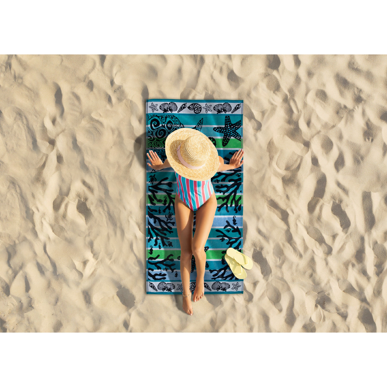 Telo Mare Spugna Jacquard Spiaggia Disegno Reef