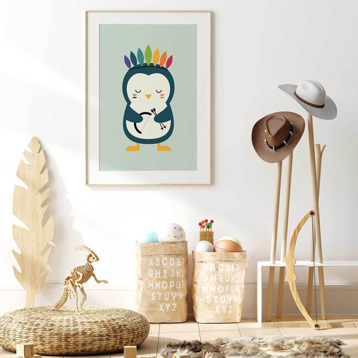 Affiche enfant pingouin Affiche + cadre en bois - Chêne