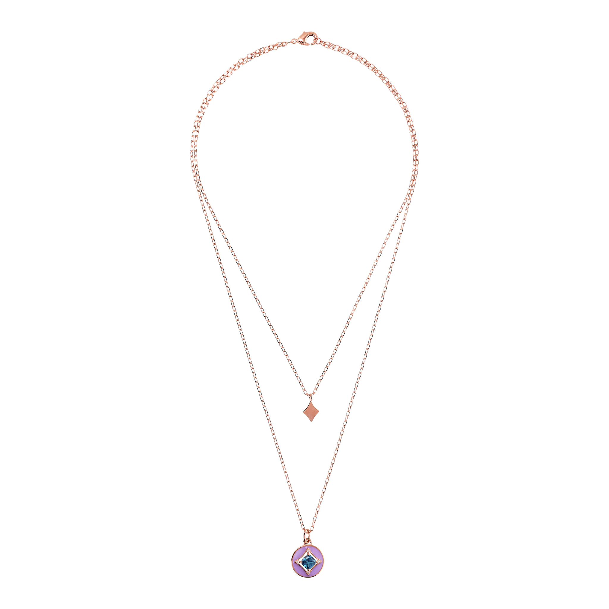 Collana Multifilo Catena Forzatina con Ciondolo Étoile e Pendente Tondo Smaltato Viola con Cubic Zirconia Blu