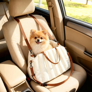 Asiento de Coche para Perros Pequeños, Asiento de Coche para Mascotas de hasta 5 kg con Cinturón de Seguridad y Base Antideslizante, Cama de Viaje Portátil con Funda Extraíble y Lavable, Crema