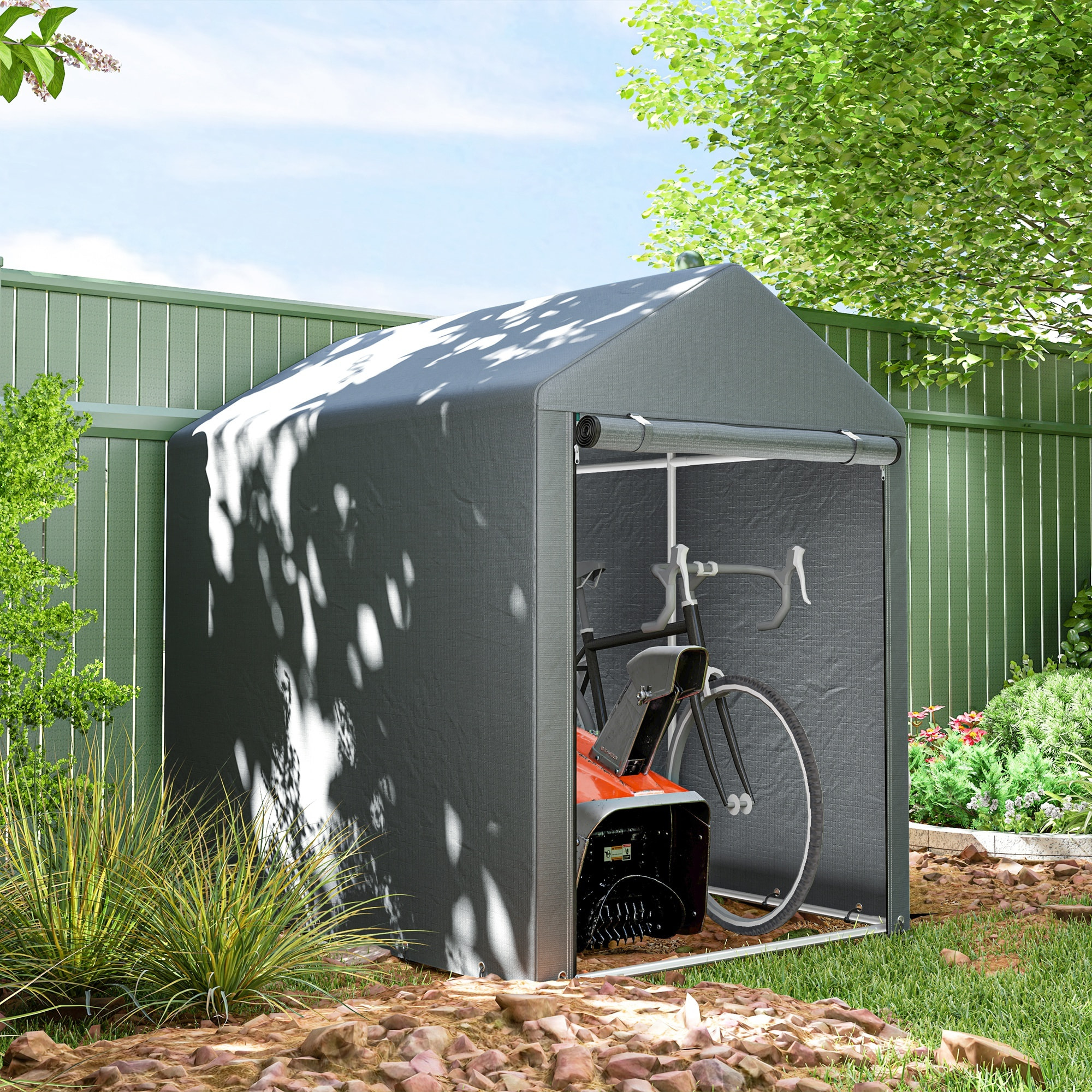 Carpa para Herramientas Bicicletas y Motos 1,2x1,8x1,65 m Garaje Portátil con 2 Habitaciones Puerta con Cremallera Impermeable Anti-UV Cochera Portátil para Jardín Gris Oscuro