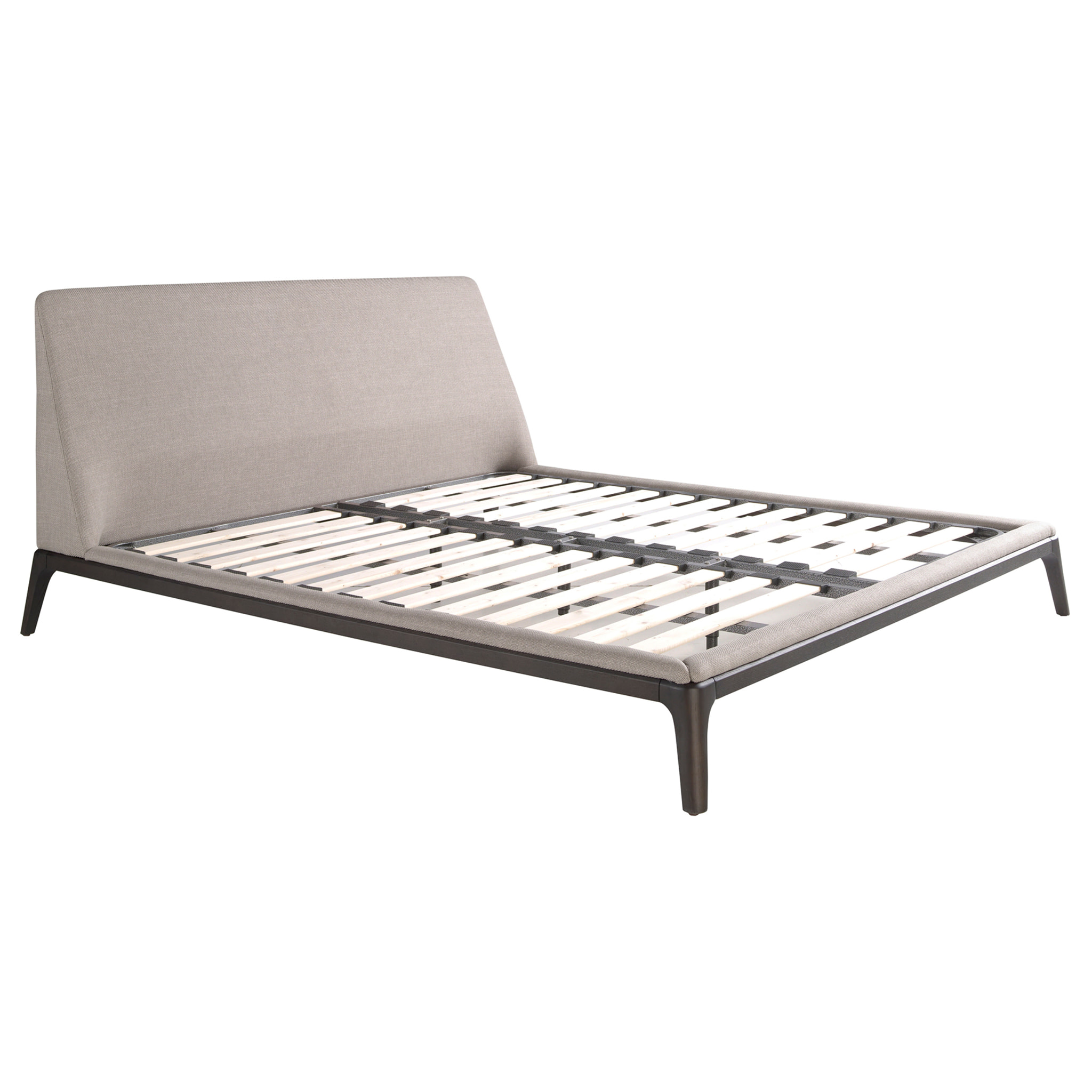 Cama Angel Cerdá de matrimonio con cabecero y estructura en tela gris y patas de madera en wengué 192x230x101cm