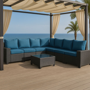 SONIA Salon de jardin d'angle 7 places en résine tressée avec table gris et bleu