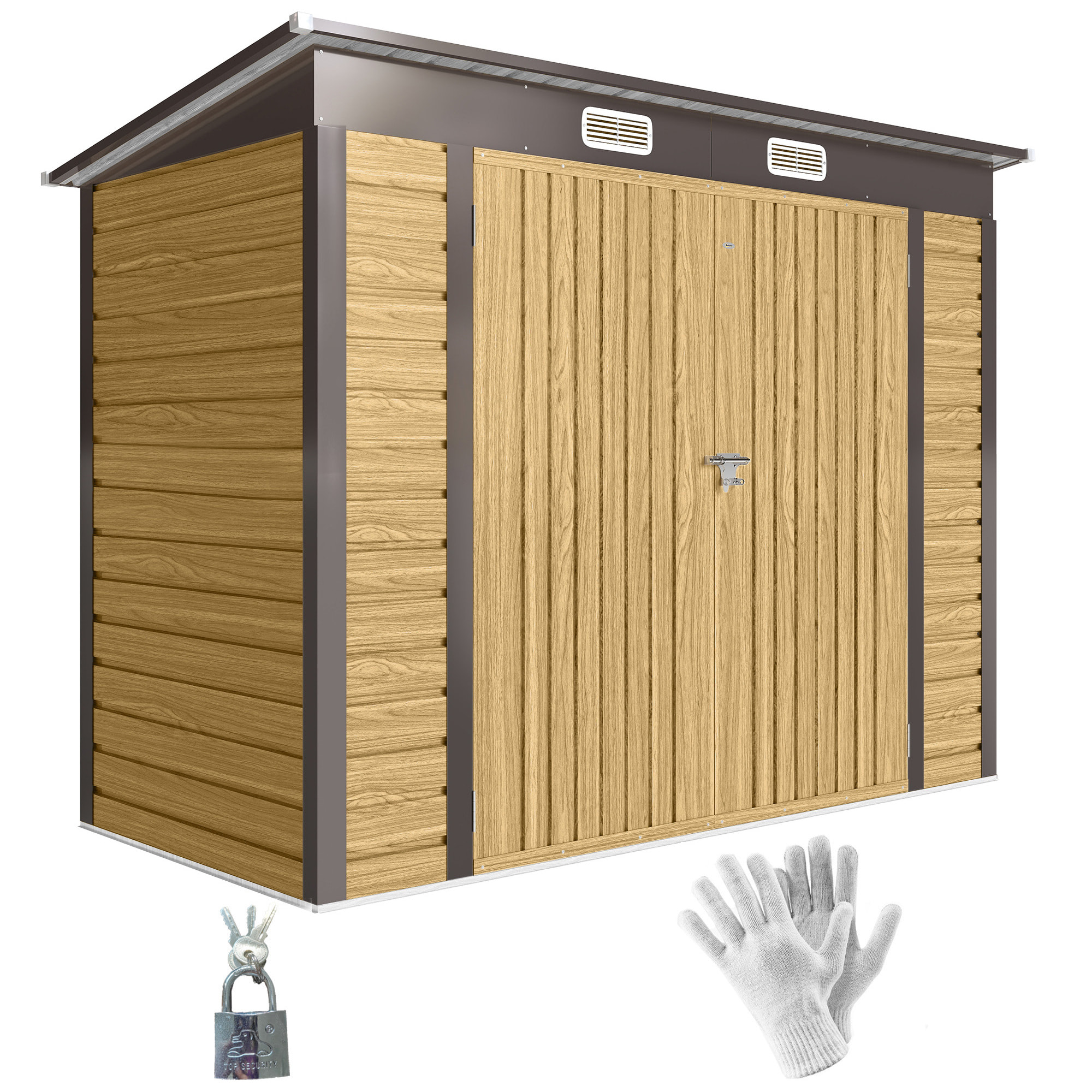Abri de jardin 3 m² tôle d'acier 2 portes verrouillables 2 évents toit incliné effet bois clair marron