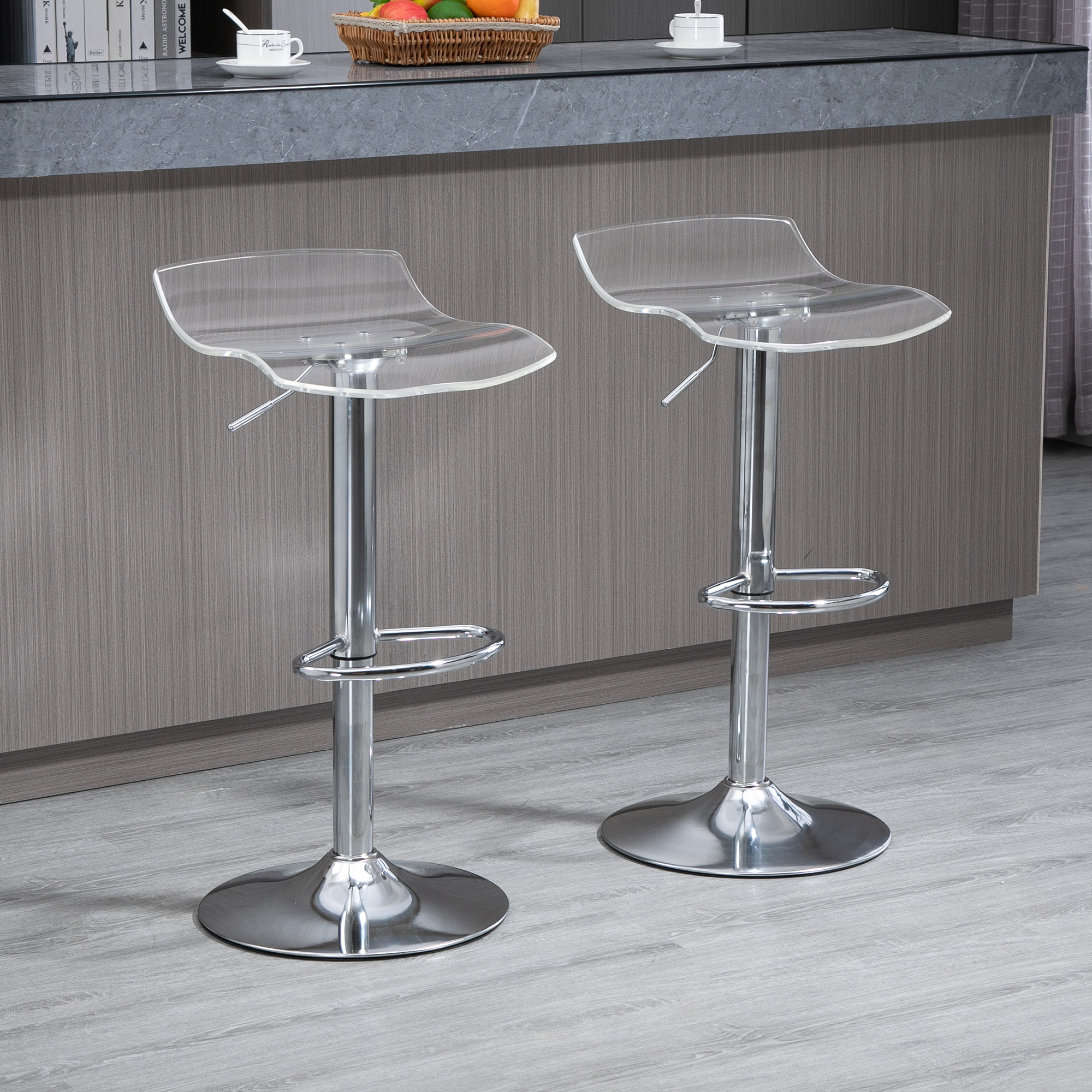 Lot de 2 tabourets de bar design contemporain assise acrylique et piètement métal - pivotant 360° - hauteur réglable avec repose-pieds - transparent