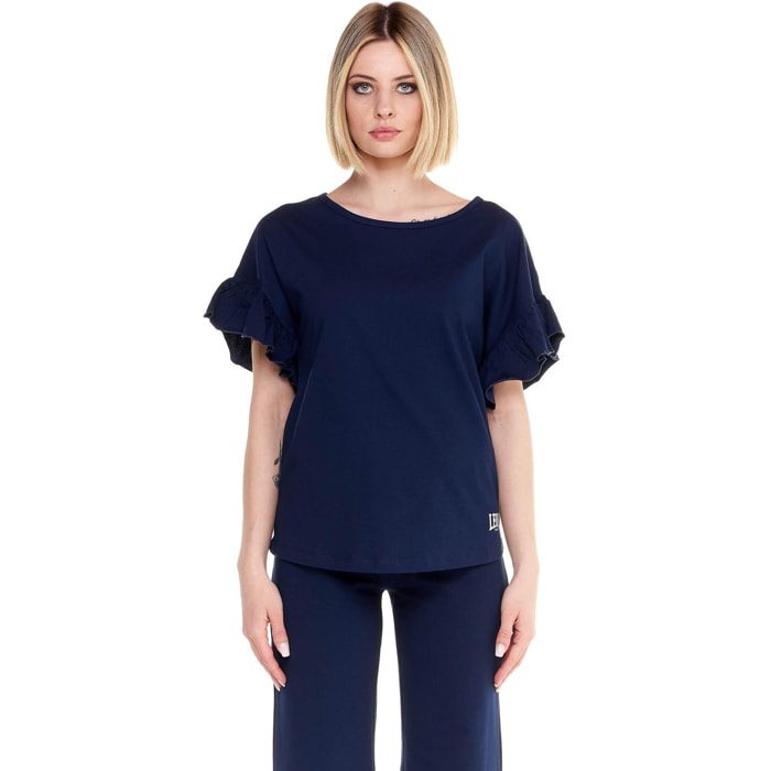 Camiseta de mujer brillante de manga corta con volantes