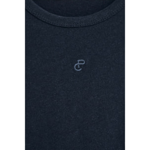 Maglietta blu marino in lino e cotone con monogramma ricamato