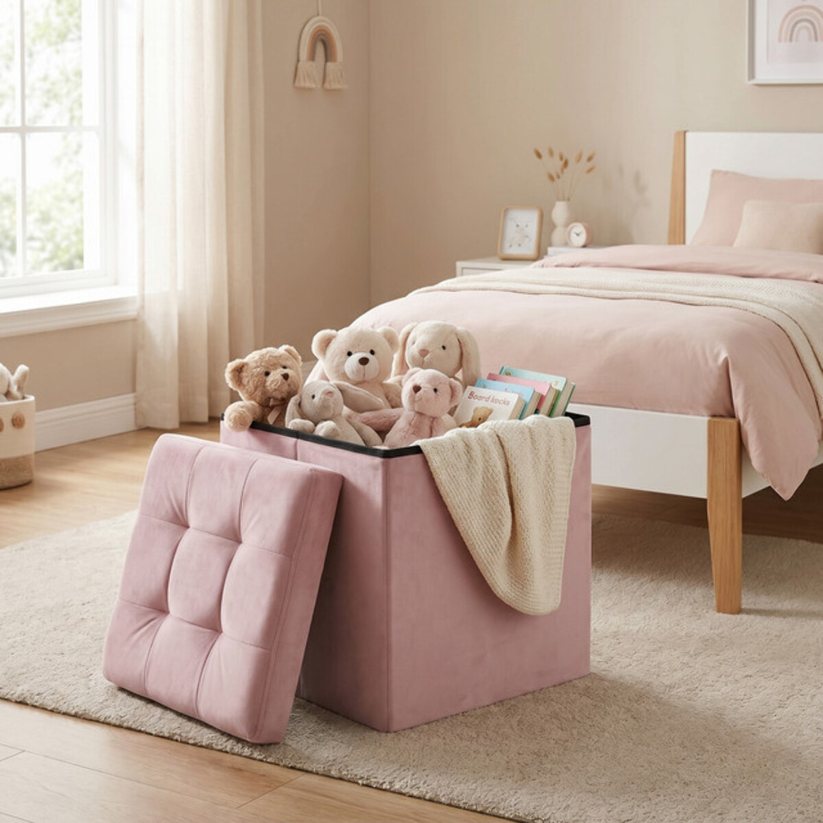 Pouf contenitore in velluto 38x38x38 cm, cubo imbottito con vano interno, seduta elegante effetto velvet trapuntato, resistente fino a 150 kg, salvaspazio ideale per camera soggiorno ingresso e cameretta