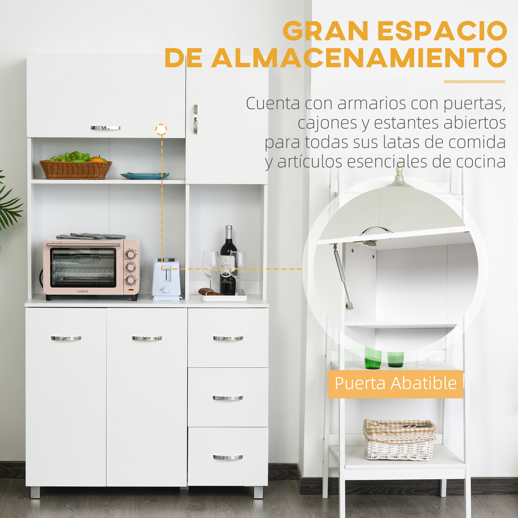 HOMCOM Alacena de Cocina Alacena Alta con 3 Cajones 4 Puertas Estantes Interiores Ajustables y Patas Elevadas Mueble Auxiliar para Comedor Salón 100x39,5x183,5 cm Blanco